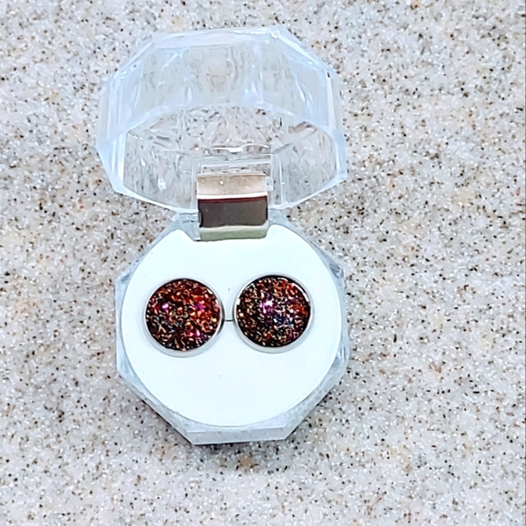 DRUZY PEACOCK AGATE  12mm PIERCED STAINLESS STEEL EARRINGS GIFT BOX INCLUDED - Picture 5 of 5